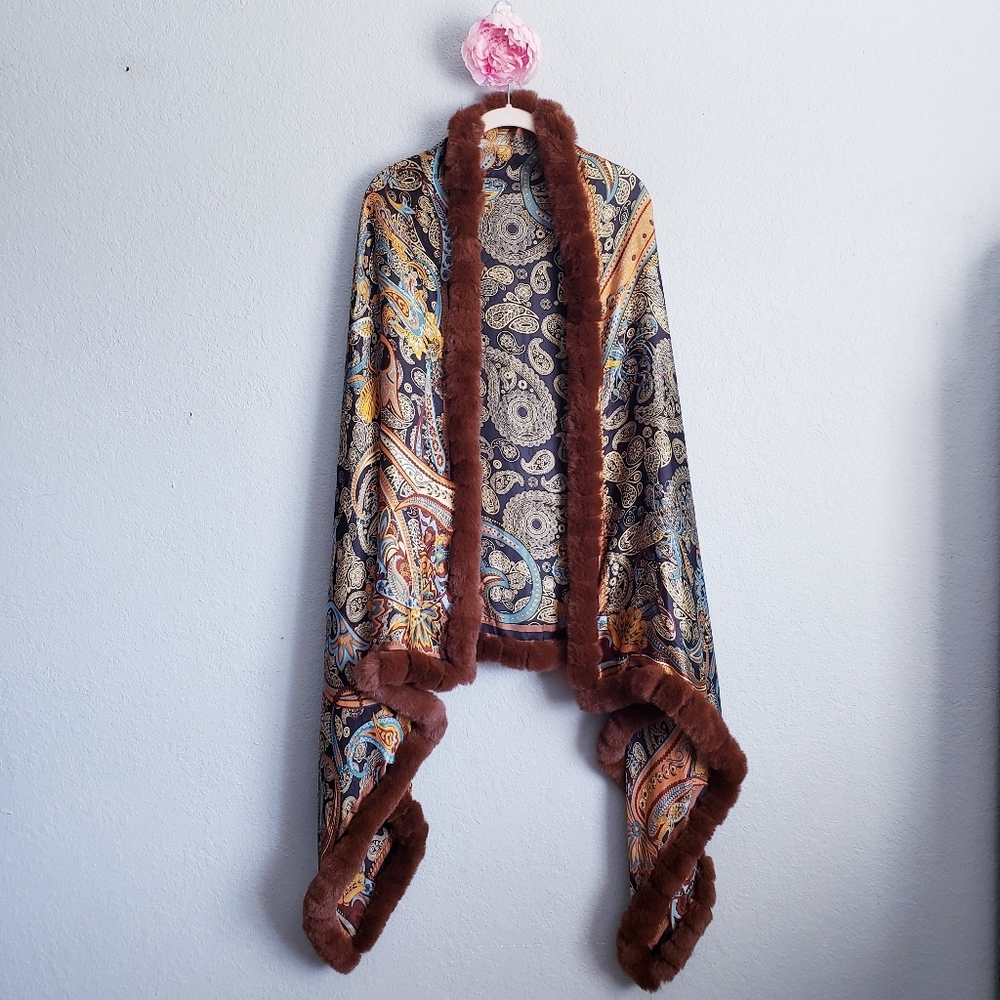 La Fiorentina Paisley Wrap Scarf with Faux Fur Trim